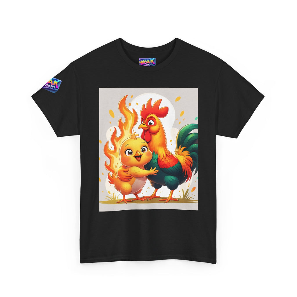 Rooster & Chick Flame Illustration T-Shirt — Playful Farm Animal Tee