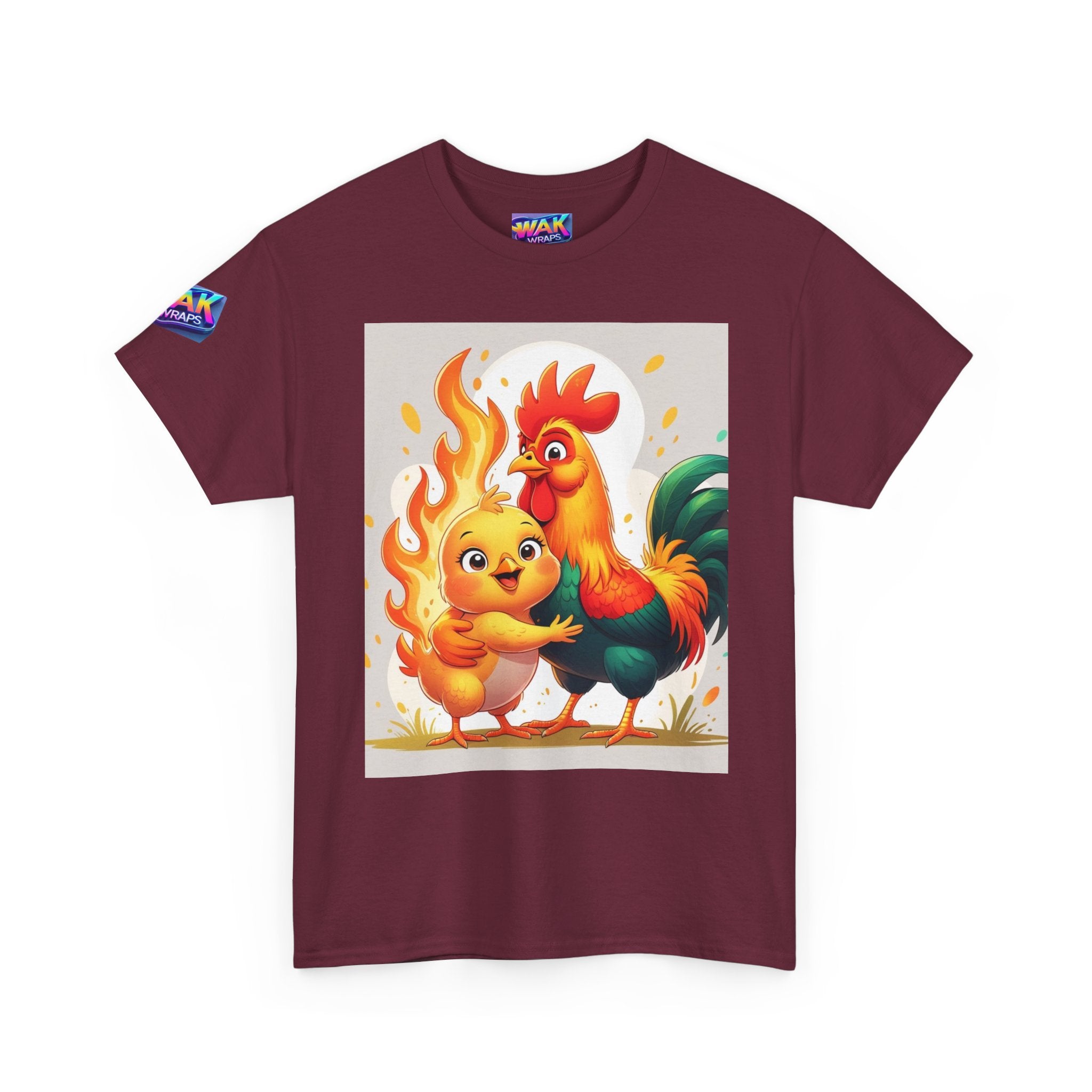 Rooster & Chick Flame Illustration T-Shirt — Playful Farm Animal Tee