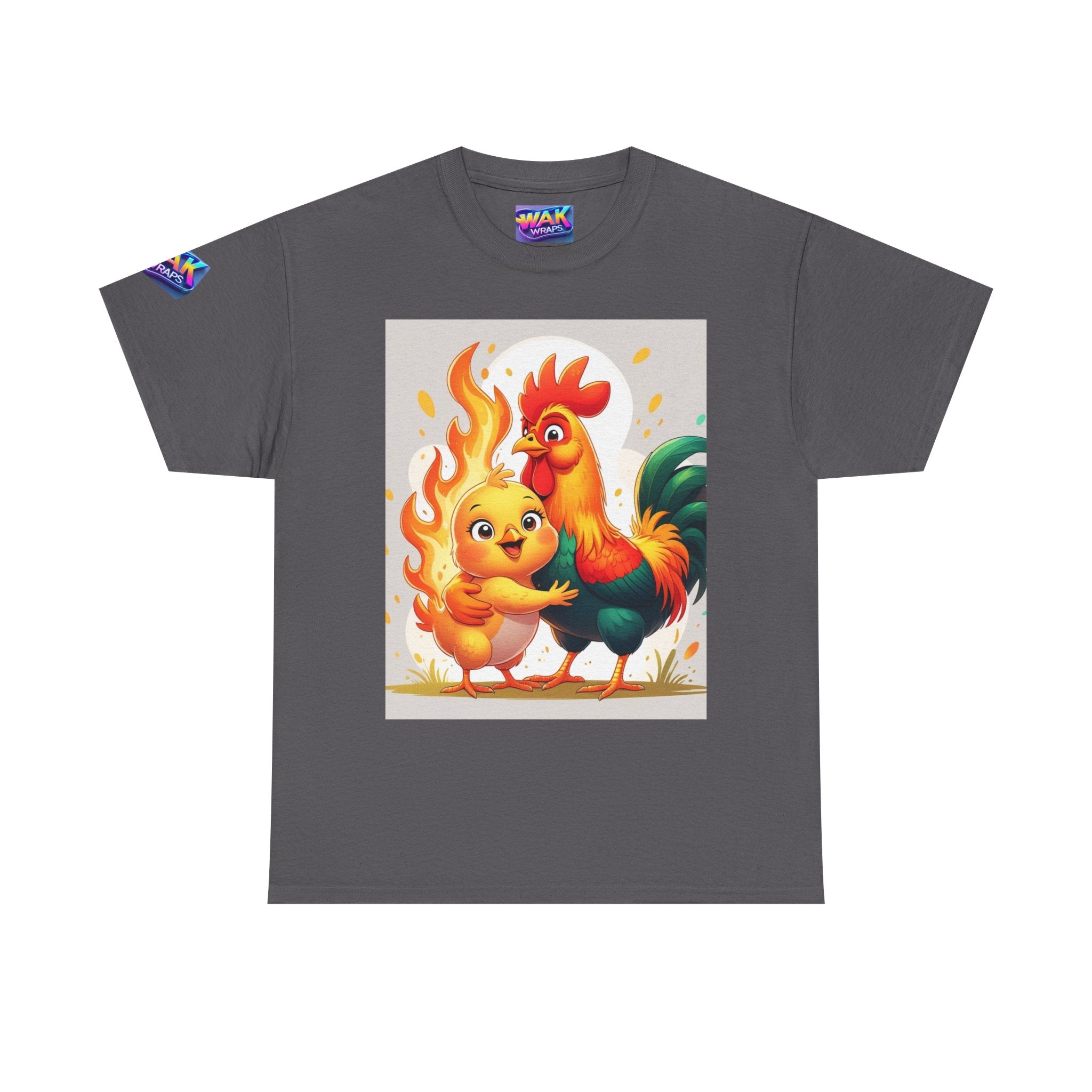 Rooster & Chick Flame Illustration T-Shirt — Playful Farm Animal Tee