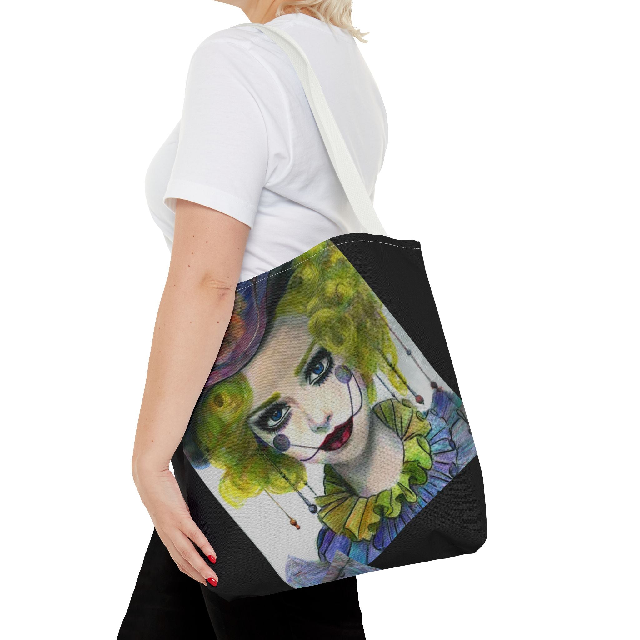 Clown Portrait Tote Bag — Colorful Watercolor Jester AOP Tote