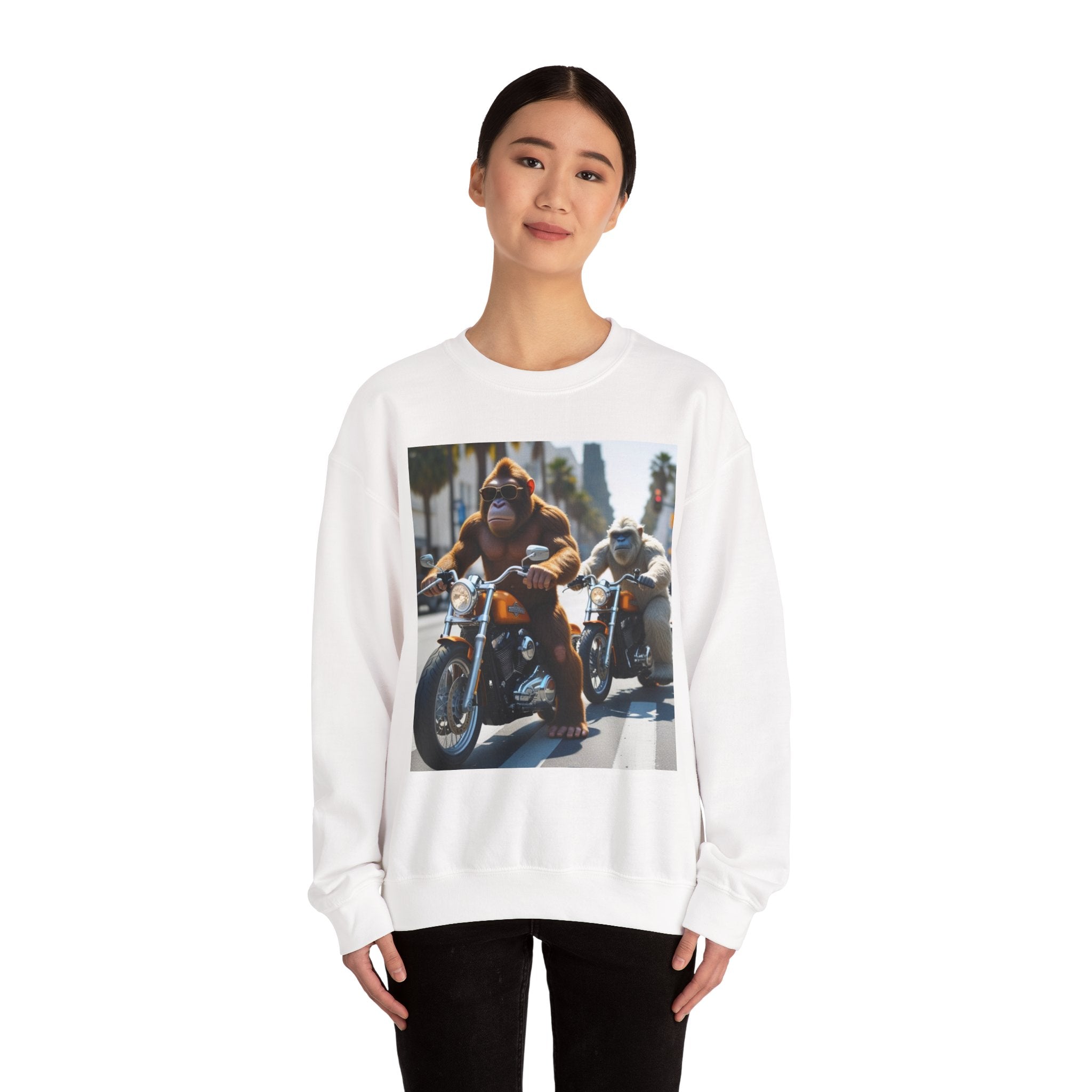 Motorcycle Apes Crewneck Sweatshirt — Vintage Biker Gorillas Graphic