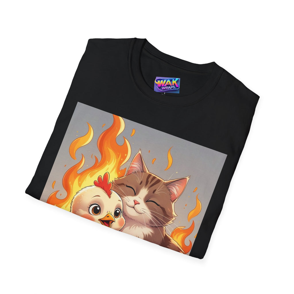 Hot Baby Chick on Fire Hugs Pussycat Graphic T-Shirt