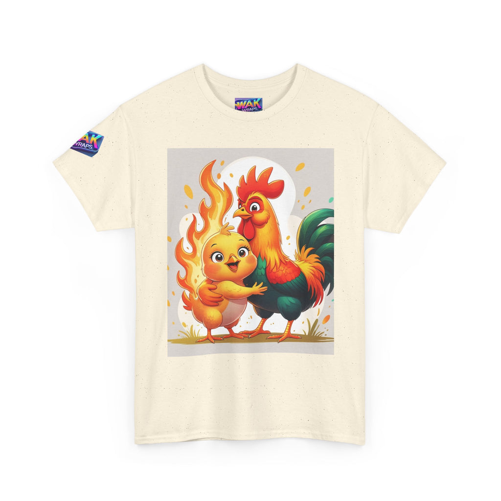 Rooster & Chick Flame Illustration T-Shirt — Playful Farm Animal Tee