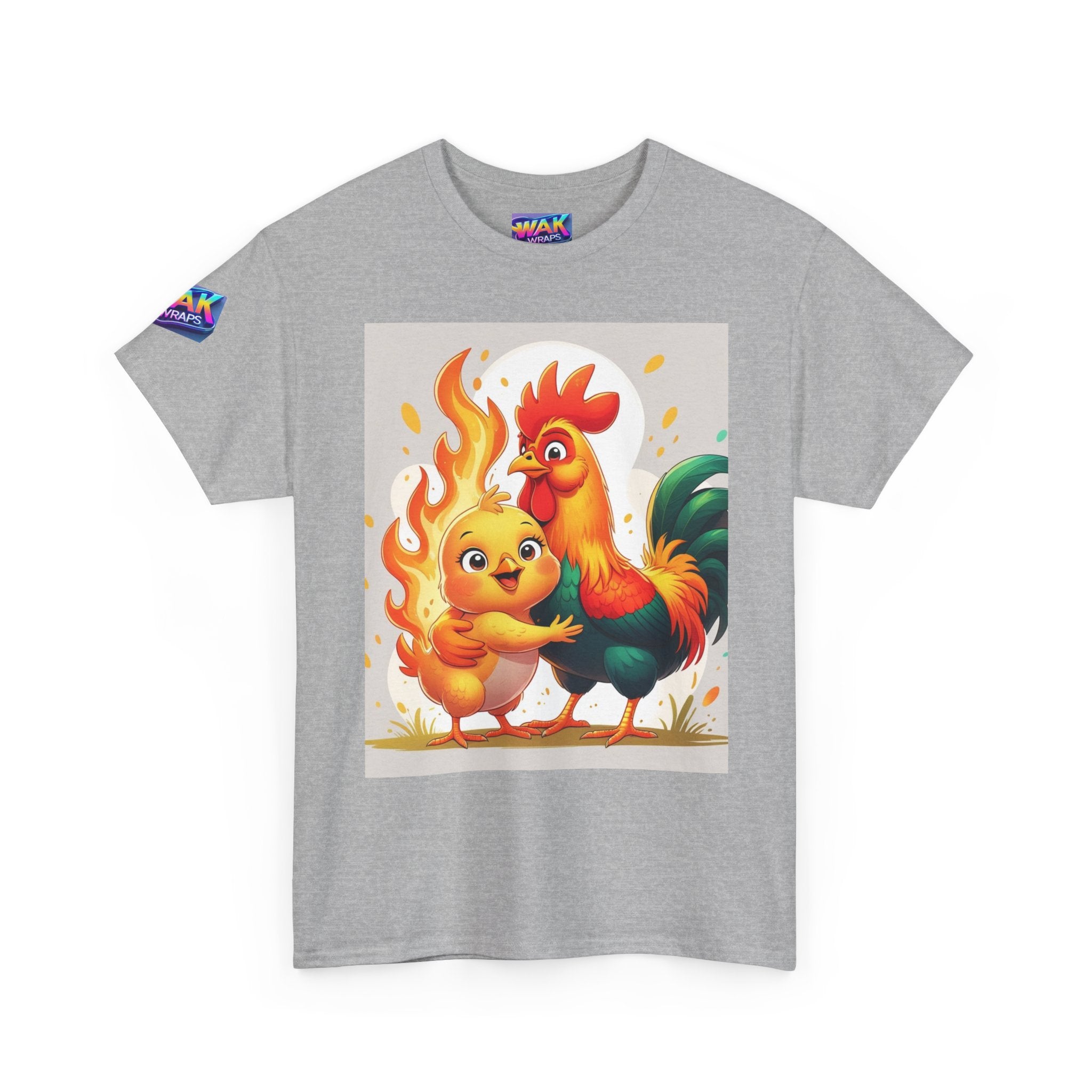 Rooster & Chick Flame Illustration T-Shirt — Playful Farm Animal Tee