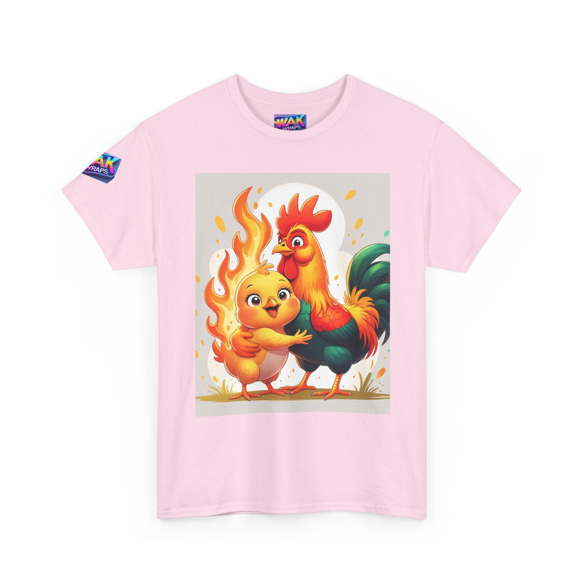 Rooster & Chick Flame Illustration T-Shirt — Playful Farm Animal Tee
