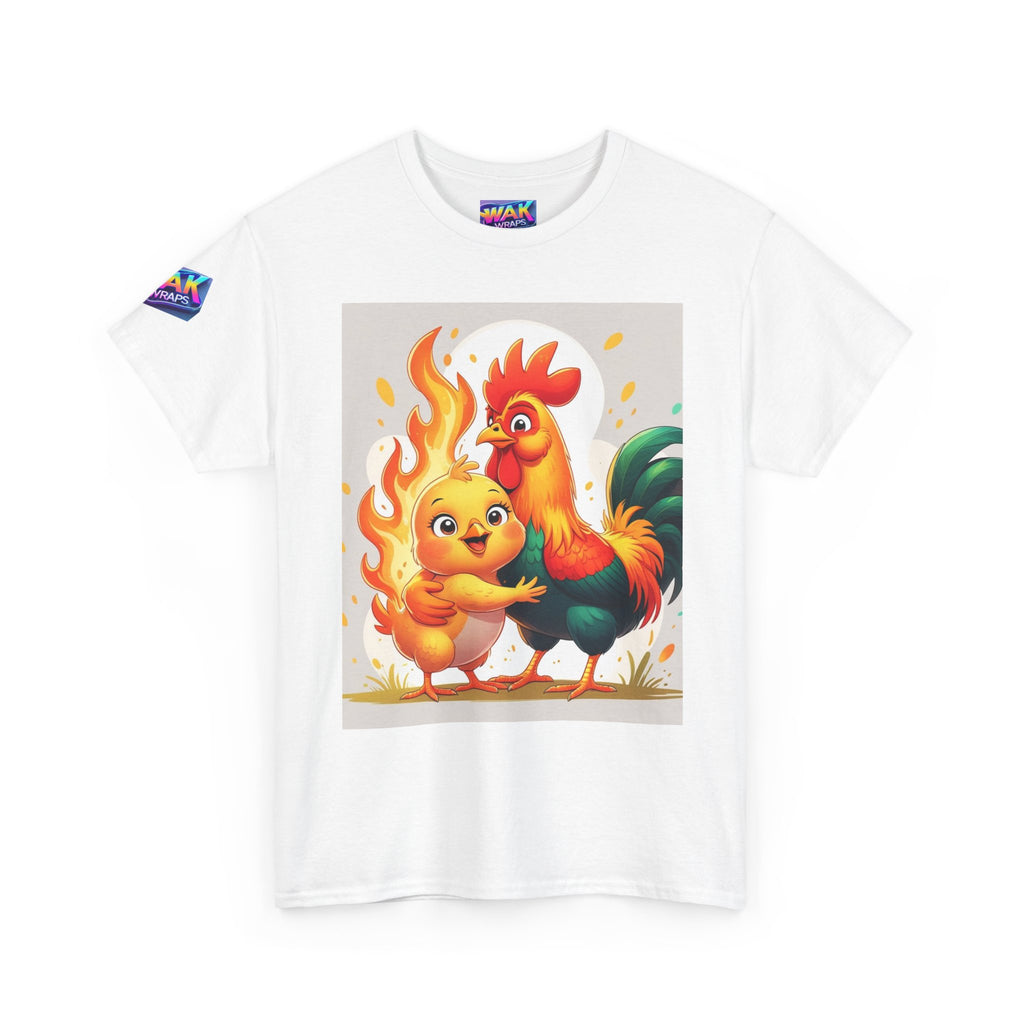 Rooster & Chick Flame Illustration T-Shirt — Playful Farm Animal Tee