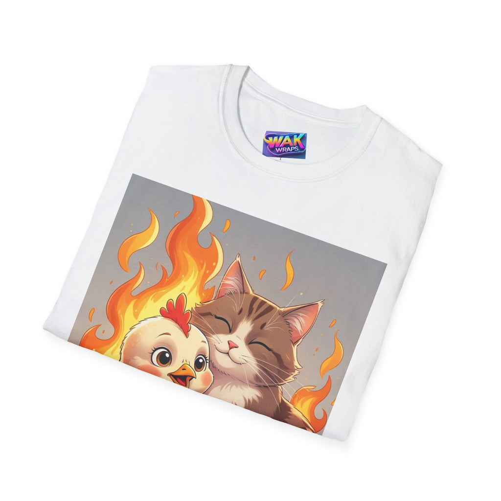 Hot Baby Chick on Fire Hugs Pussycat Graphic T-Shirt