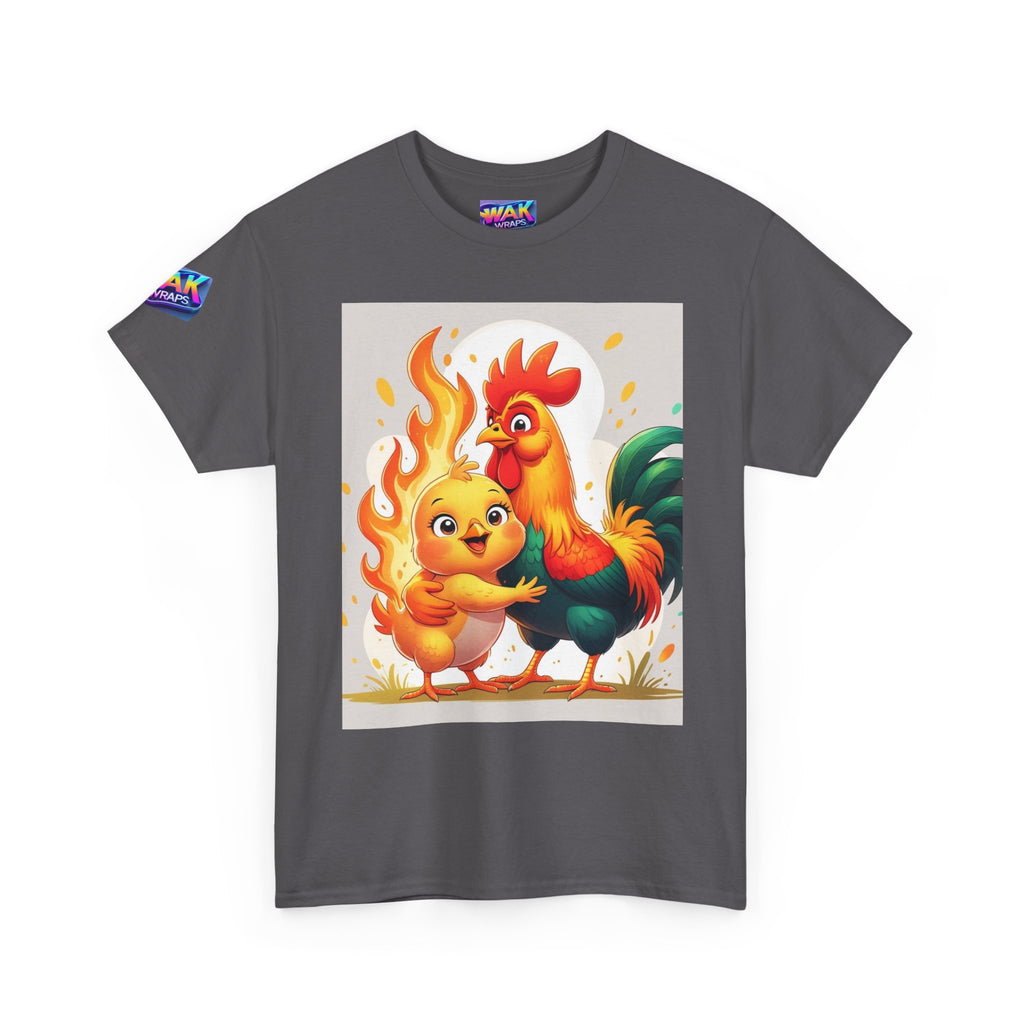 Rooster & Chick Flame Illustration T-Shirt — Playful Farm Animal Tee