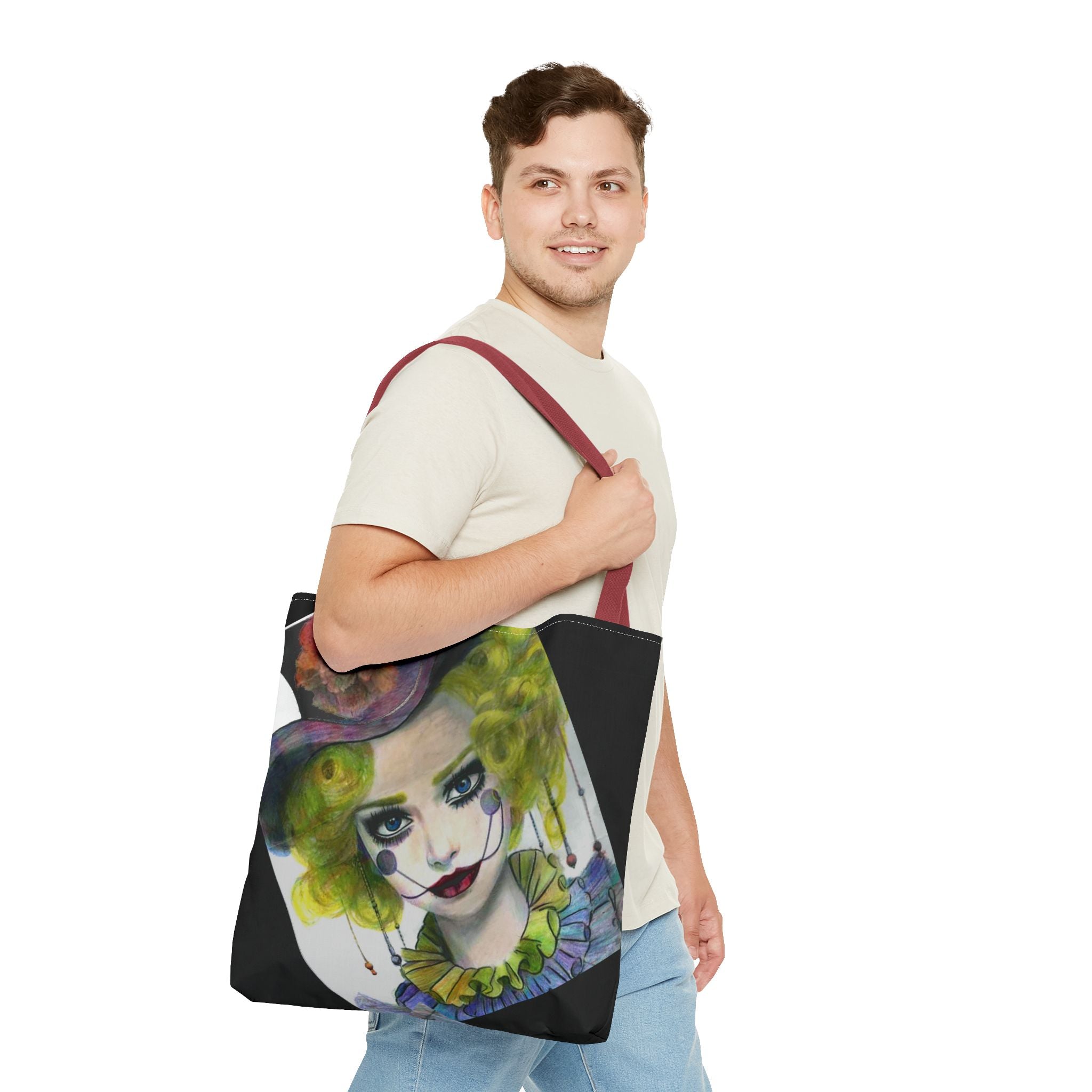Clown Portrait Tote Bag — Colorful Watercolor Jester AOP Tote