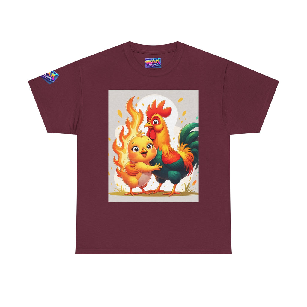 Rooster & Chick Flame Illustration T-Shirt — Playful Farm Animal Tee