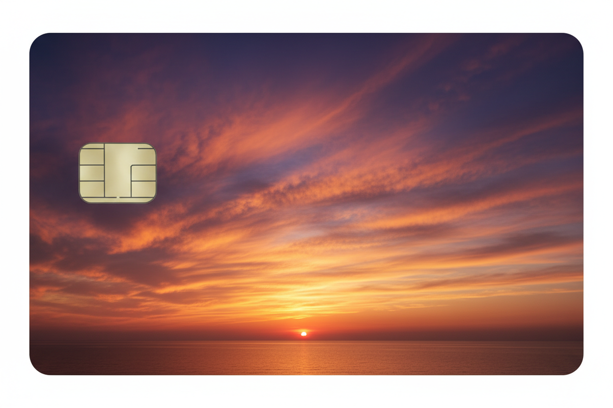 Decal should cover all information on card except for the digital chip , meaning no numbers or names or dates showing at all. A hyper realistic cinematic picture of a Sunset  